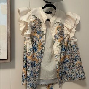 fab'rik Floral Ruffle Sleeve Top - Cream and Blue